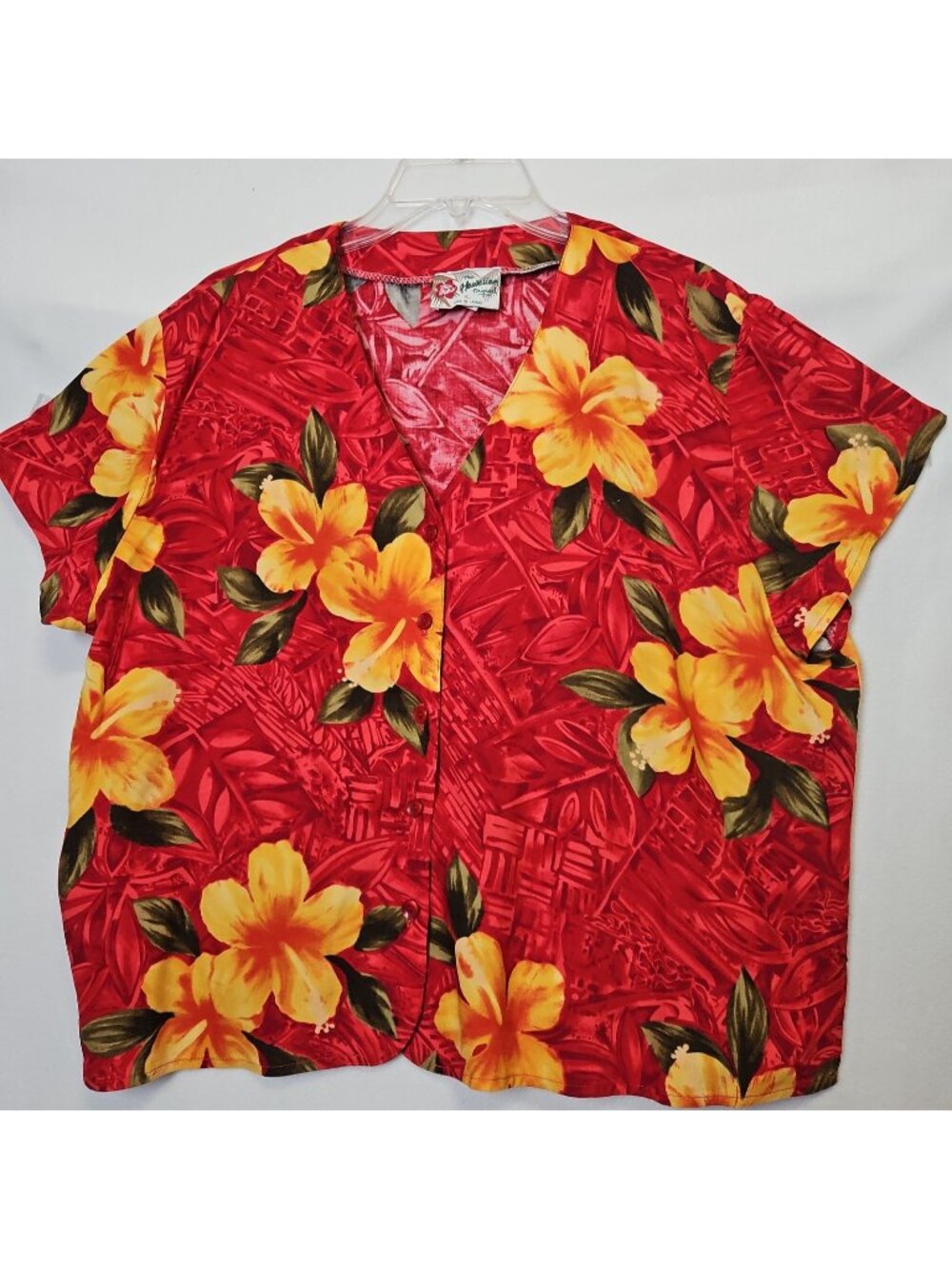 Vtg Hilo Hattie Hawaiian Original Shirt Womens XL Red Yellow Hibiscus Blouse